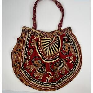 Handmade Indian Boho Elephant Pleated Hand bag Tote Red Orange Zipper Closure